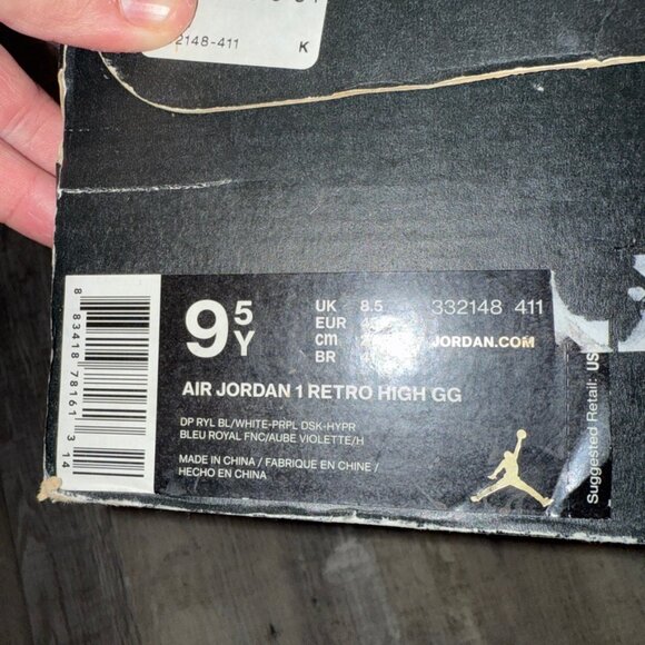 Jordan 1 High GG - Deep Royal Splatter - 9.5M (Youth Extended Run, its a 9.5Y/M) - Picture 9 of 10